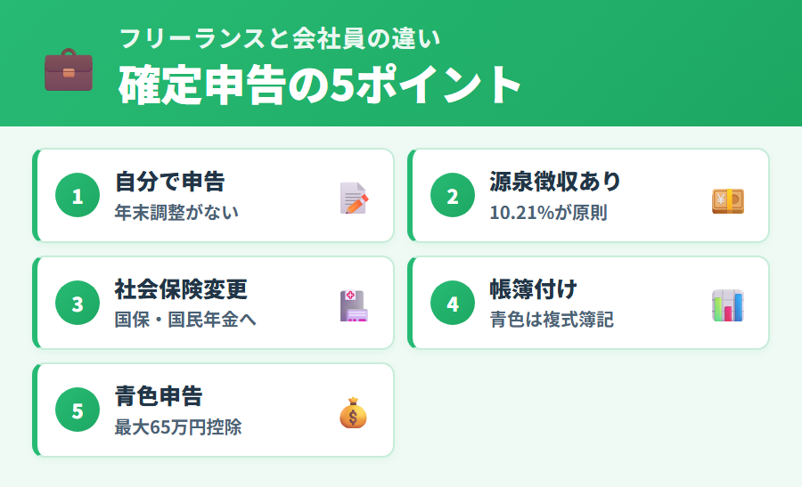 フリーランスと会社員の確定申告の違い5ポイントを示した