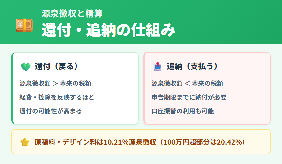 フリーランスの源泉徴収と還付・追納の仕組みを示した
