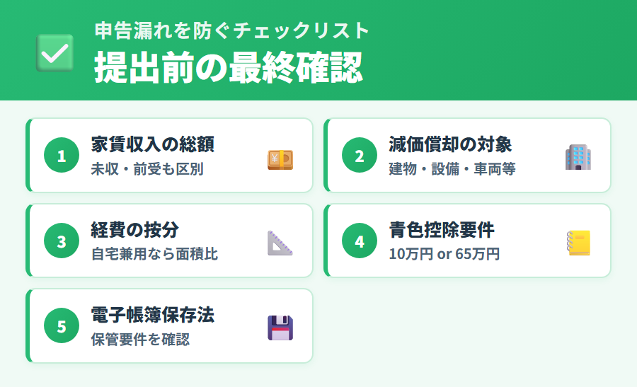 不動産所得の確定申告で申告漏れを防ぐチェックリスト。収入・経費・減価償却・書類の確認事項を一覧化