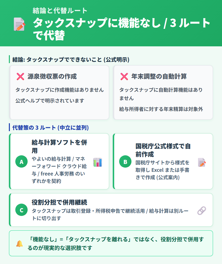 タックスナップは源泉徴収票・年末調整の機能を提供していないことの公式明示と、給与計算ソフト・国税庁様式・役割分担という 3 つの代替ルートの一覧