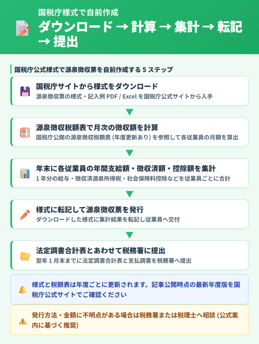 国税庁公式様式で源泉徴収票を自前作成する 5 ステップ。様式ダウンロードから法定調書合計表とあわせた税務署提出までの流れを解説