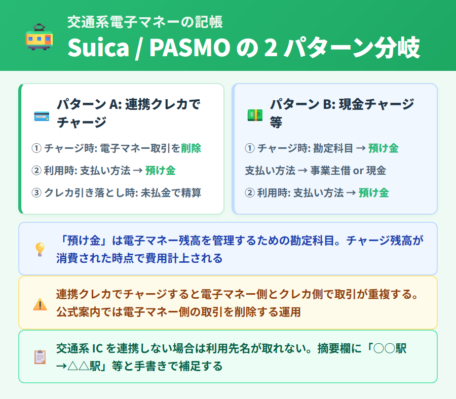 Suica や PASMO の経費仕訳 2 パターン。連携クレカでチャージした場合と現金チャージの場合で記帳ロジックが分岐し、預け金勘定で残高管理する流れを解説
