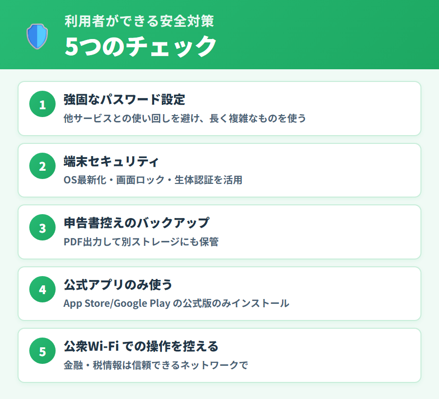 タックスナップ利用者がセキュリティのために実践できるパスワード管理・端末対策・バックアップの安全対策をチェックリスト形式でまとめた