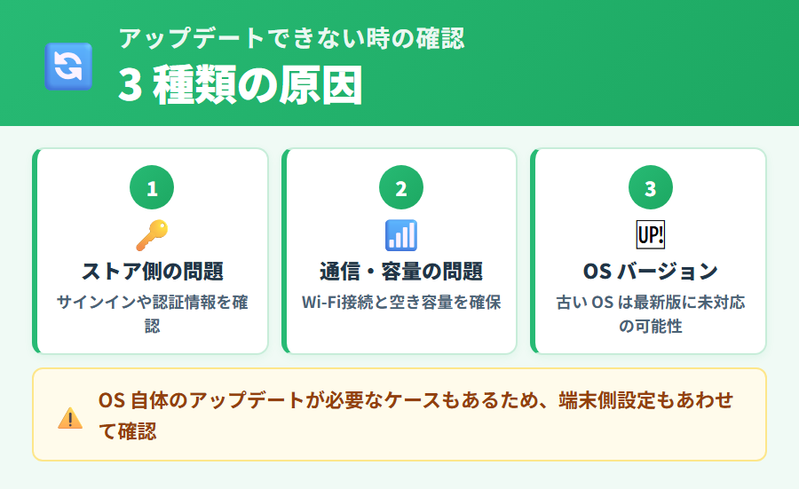 タックスナップのアップデートができない場合に確認する3つの原因。ストレージ不足・アプリストアの通信エラー・OS非対応バージョンの3種類を整理