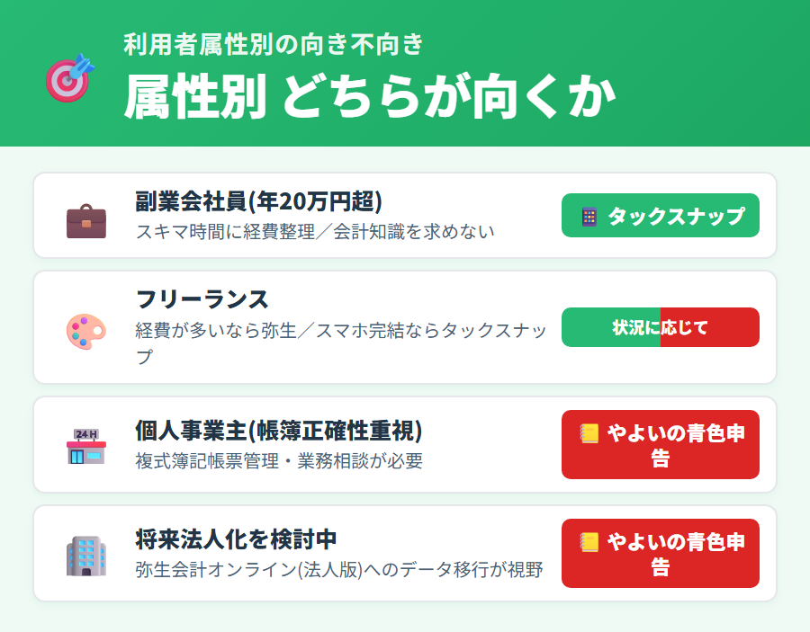 副業会社員・フリーランス・個人事業主の属性別タックスナップ・弥生どちらが向くか