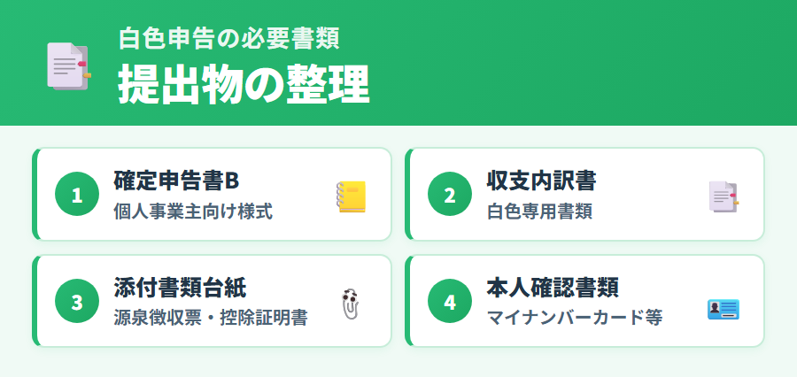 白色申告で必要な書類の一覧。収支内訳書・確定申告書・各種控除証明書など提出に必要な書類をわかりやすくまとめた一覧