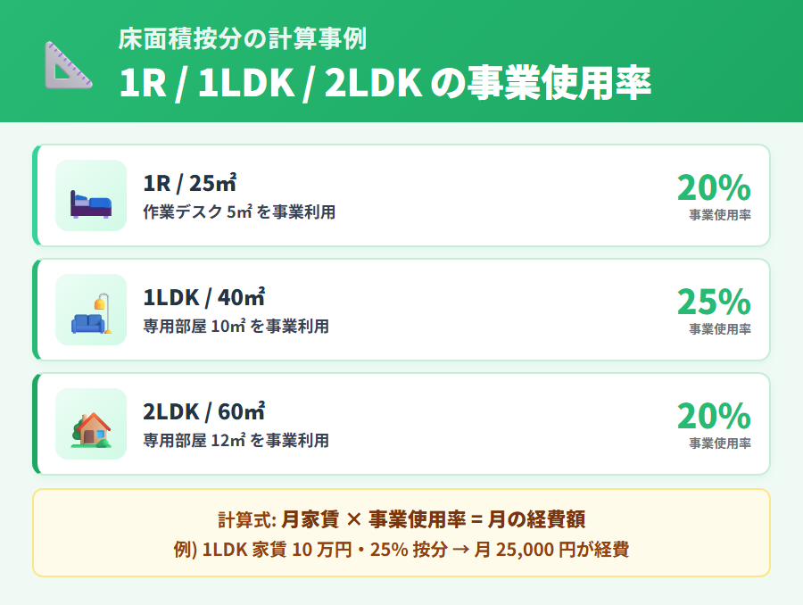 タックスナップで使う床面積按分の計算事例 3 サイズ。1R 25㎡ は 20%・1LDK 40㎡ は 25%・2LDK 60㎡ は 20% の事業使用率と月家賃計上額を並列で提示