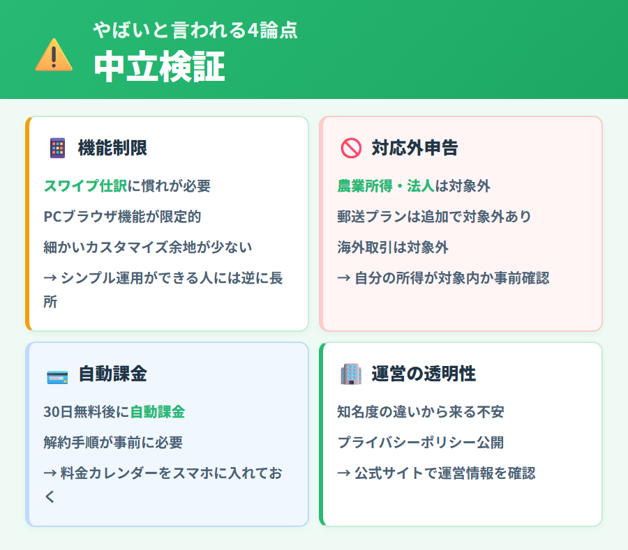タックスナップに「やばい」と言われる4論点（機能制限・対応外申告・自動課金・運営透明性）を中立視点で整理した