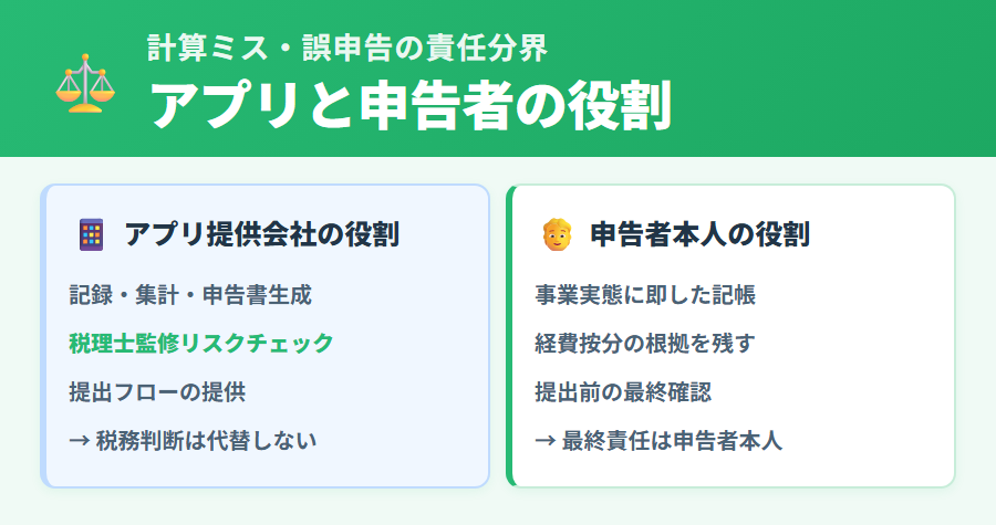 計算ミスや誤申告の責任分界：アプリ提供会社は記録・計算サポート役、申告者本人が最終責任を負う住み分けを整理