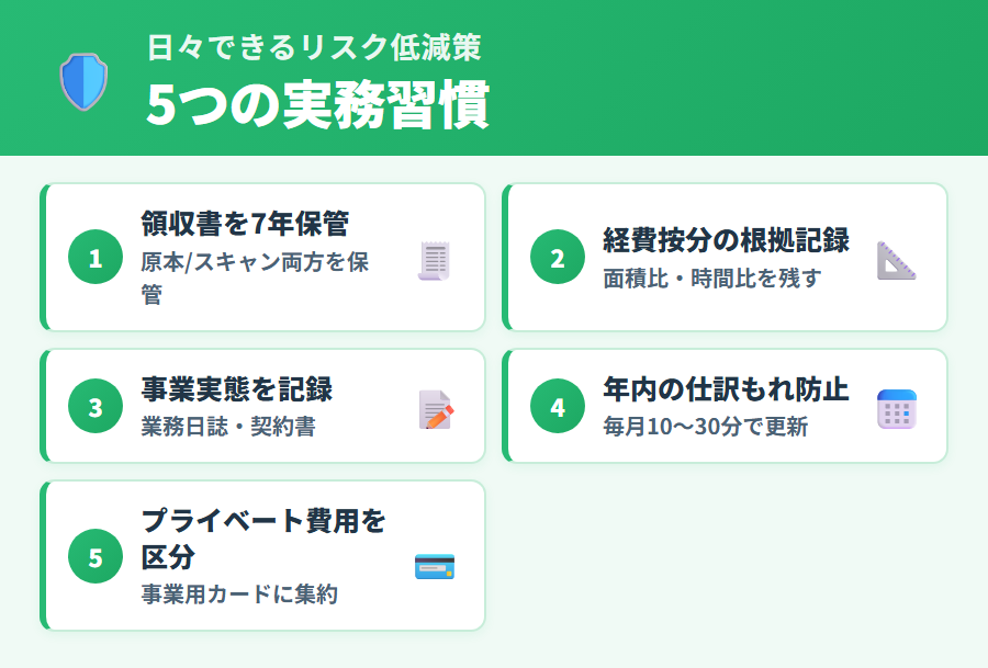 申告者が日々できる税務調査リスク低減策の整理：領収書を7年保管・経費按分の根拠を記録・事業実態を記録・年内の仕訳もれ防止