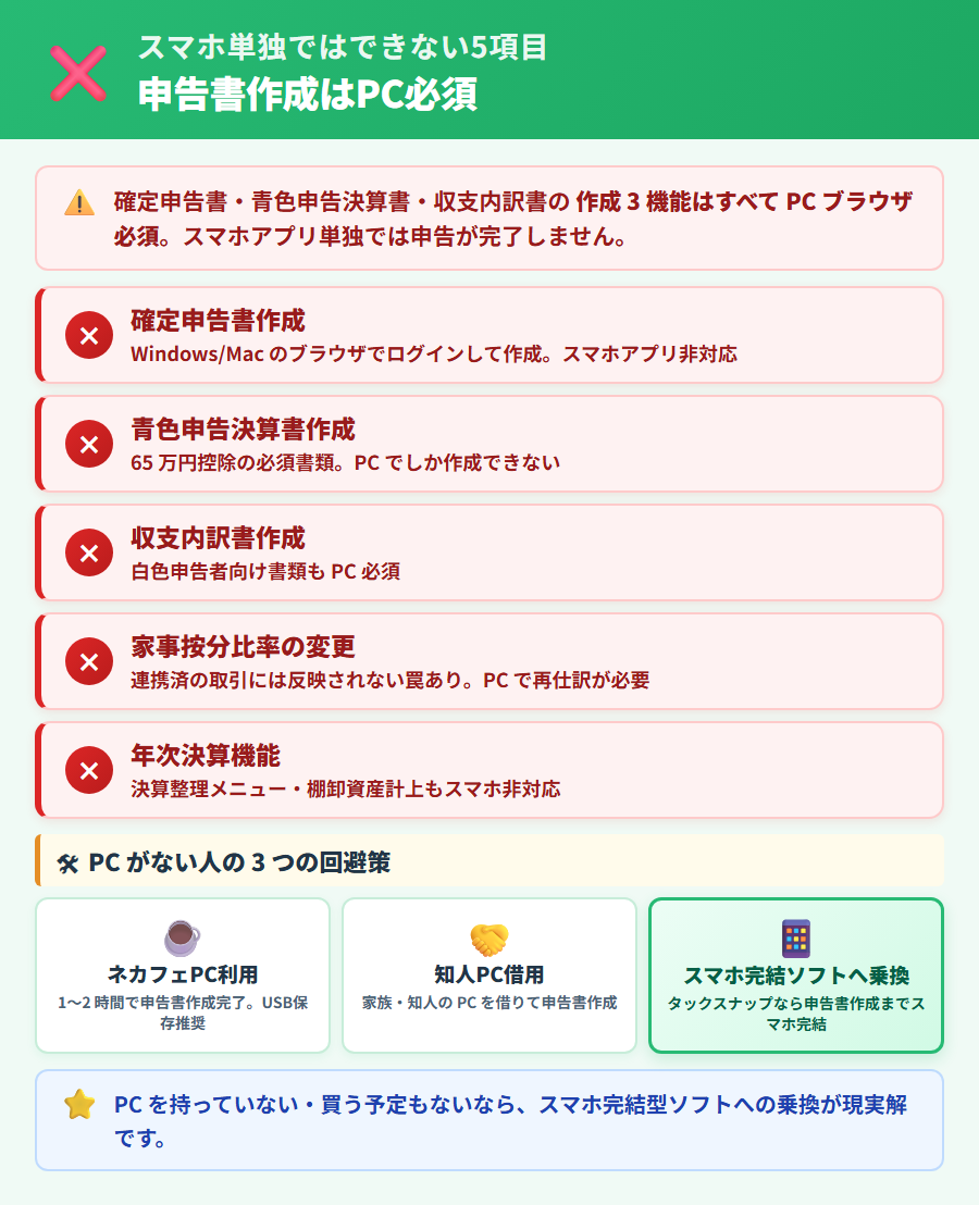 やよいの青色申告オンラインでスマホ単独ではできない5項目と3つの回避策フロー。上段に赤系警告カードで確定申告書作成・青色申告決算書・収支内訳書・家事按分変更・年次決算の5項目、下段にネカフェPC利用・知人PC借用・スマホ完結ソフト乗換の3択を図示。