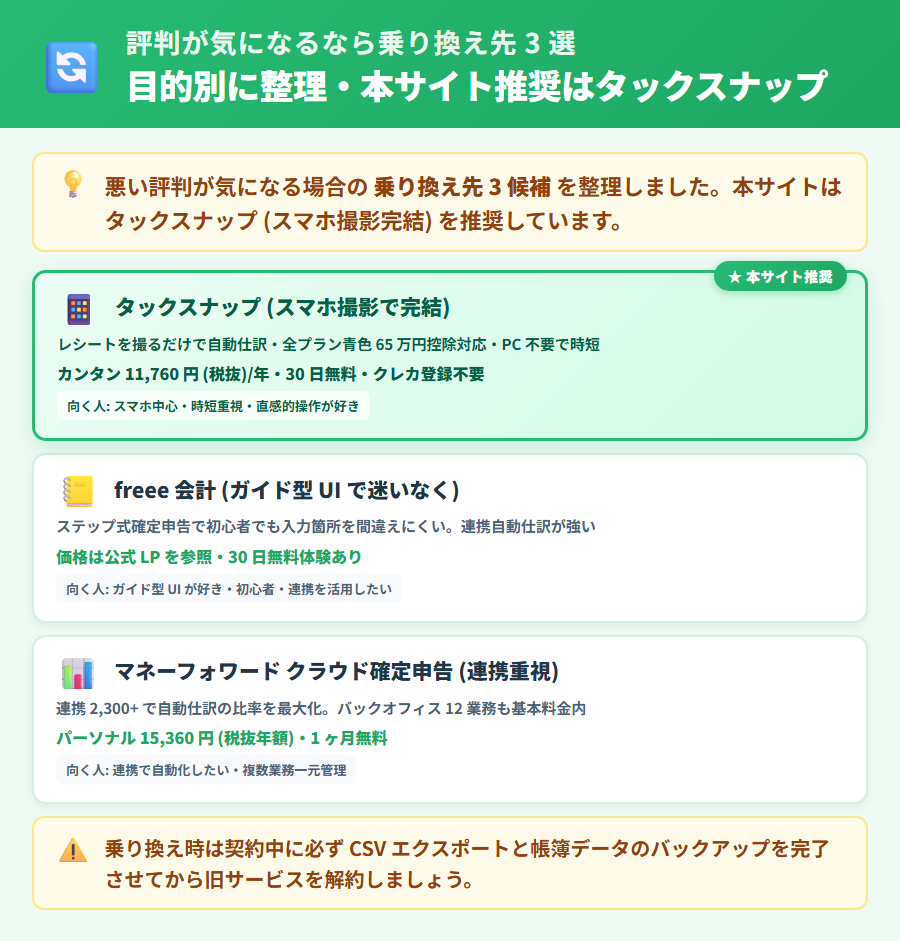 やよいの青色申告 オンラインの乗り換え先3選。タックスナップ(スマホ完結)・freee 会計(ガイド型UI)・マネーフォワード クラウド確定申告(連携重視)の特徴と適している人を整理